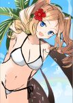  1girl arms_behind_back bikini blonde_hair blue_eyes blush breasts cleavage day drill_hair flower hair_flower hair_ornament hibiscus honolulu_(kancolle) innertube kantai_collection large_breasts long_hair looking_at_viewer open_mouth outdoors palm_tree red_flower side-tie_bikini sketch sky solo swimsuit tree twin_drills white_bikini yunamaro 