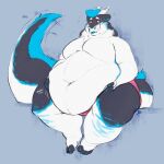  anthro big_tail blue_body blue_fur blue_hair blush clothing dragon fur furred_dragon grey_body grey_fur hair hand_on_stomach horn jiggle male minedoo moobs mostly_nude navel obese obese_anthro obese_male overweight overweight_anthro overweight_male pink_clothing pink_underwear smile solo tailwag underwear white_body white_fur 
