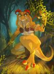  anthro big_ears bottomwear bra claws clothing crouching curved_horn ear_piercing female floppy_ears green_eyes hi_res horn jungle kobold loincloth outside piercing plant pole scales scalie solo thedinosaurmann tree tribal underwear vines yellow_body yellow_scales 