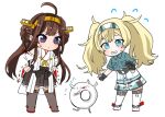  2girls ahoge bangs blonde_hair blue_eyes breast_pocket brown_hair chibi closed_mouth detached_sleeves double_bun enemy_lifebuoy_(kancolle) flying_sweatdrops gambier_bay_(kancolle) hairband hands_on_hips headgear kantai_collection kongou_(kancolle) long_hair machi_(ritovoyage) multiple_girls nontraditional_miko open_mouth pleated_skirt pocket purple_eyes ribbon-trimmed_sleeves ribbon_trim shorts simple_background skirt standing sweat thighhighs twintails white_background wide_sleeves 