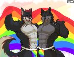  2021 abs anthro arm_around_shoulders bulge canid canine canis clothing duo eyebrows flag fur hair hand_on_hip hand_on_shoulder hi_res holding_flag holding_object jockstrap lgbt_history_month lgbt_pride looking_at_viewer male mammal multicolored_clothing multicolored_underwear muscular muscular_anthro muscular_male navel one_eye_closed open_mouth open_smile pecs pride_color_clothing pride_color_underwear pride_colors rainbow_clothing rainbow_flag rainbow_pride_flag rainbow_symbol rainbow_underwear scar seandemon simple_background smile standing tuft underwear watermark white_background wink wolf 