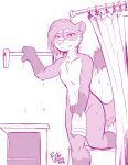  2018 annoyed anthro barnaby_kane bath cabinet convenient_censorship curtains domestic_ferret gloves_(marking) male mammal markings monochrome mustela mustelid musteline nude rick_griffin shower solo true_musteline washcloth water wet 