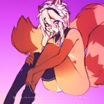  &lt;3 1:1 ailurid anthro braided_hair butt clothing footwear fur girly hair hi_res legwear lokkun looking_aside looking_at_viewer male mammal mothux nude open_mouth purple_eyes red_body red_fur red_panda signature sitting slim socks solo thigh_highs thigh_socks white_hair 