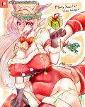  5_toes anthro asian_mythology bell bell_collar big_breasts breasts christmas christmas_clothing christmas_lights christmas_present clothed clothing collar dragon east_asian_mythology eastern_dragon english_text feet female hair hi_res holidays horn levia_(modern_mogal) looking_at_viewer mammal missaka modern_mogal mythology open_mouth scalie solo text toes tongue x-mas 