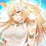  1:1 2013 amber_eyes animal_humanoid armor blush bracers canid canid_humanoid canine canine_humanoid clothing female fox_humanoid humanoid mammal mammal_humanoid mofuaki pattern_background simple_background smile solo 