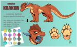  2017 5_toes anthro brown_body brown_scales carnivore color_swatch digital_media_(artwork) dragon english_text feet feral hayven_celestia krakun male model_sheet nude open_mouth paws quadruped rick_griffin scales scalie solo species_sheet text toes 