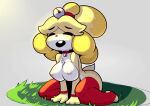  absurd_res accessory animal_crossing anthro areola breasts canid canine clothing eyes_closed female fingers fur grass hair_accessory hi_res isabelle_(animal_crossing) legwear mammal mostly_nude nintendo nipples open_mouth plant sitting solo video_games vixycore 