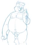  2017 anthro balls belly bravo canid canine canis domestic_dog erection eyewear genitals glasses humanoid_hands male mammal navel nipples overweight overweight_male penis simple_background sketch solo white_background 