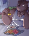  2021 anthro belly brown_body brown_fur clothing detailed_background food fur humanoid_hands inside kemono male mammal misterdonn overweight overweight_male shirt sitting solo topwear ursid 