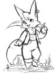  2013 anthro canid canine clothing fox male mammal melee_weapon mofuaki monochrome simple_background sketch solo standing sword weapon white_background 