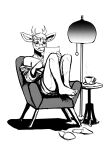  2021 anthro armchair barefoot bathrobe beverage cervid chair clothing eyewear feet furniture glasses hi_res hladilnik lamp legs_up male mammal monochrome reading robe slippers solo tea 
