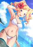 1girl armpits bangs bikini blonde_hair blue_eyes blue_sky blush breasts cleavage cloud day drill_hair dutch_angle flower groin hair_flower hair_ornament hibiscus highres honolulu_(kancolle) kantai_collection large_breasts long_hair looking_at_viewer medium_breasts navel ocean official_alternate_costume open_mouth outdoors partially_underwater_shot red_flower side-tie_bikini sky smile solo standing string_bikini swimsuit tsukemon twin_drills twintails wading water white_bikini 