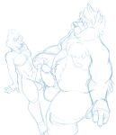  2017 anthro balls belly bravo canid canine canis duo erection genitals male male/male mammal mature_male moobs nipples overweight overweight_male penis simple_background sitting sketch white_background wolf 