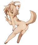  2014 anthro breasts butt canid canine cute_fangs female fox looking_at_viewer mammal mofuaki nude open_mouth simple_background smile solo white_background 