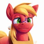  1:1 2021 big_macintosh_(mlp) blonde_hair duo equid equine female feral freckles friendship_is_magic green_eyes hair hasbro hi_res horn horse male mammal micro my_little_pony on_nose pony quadruped simple_background sugar_belle_(mlp) tsitra360 unicorn white_background yoke 