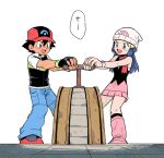  1boy 1girl :d ash_ketchum baseball_cap beanie black_gloves black_legwear black_shirt blue_eyes blue_hair blue_pants boots dawn_(pokemon) dododo_dadada eyelashes fingerless_gloves gloves hair_ornament hairclip hat holding jacket kneehighs lever long_hair open_mouth pants pink_footwear pink_scarf pink_skirt poke_ball_print pokemon pokemon_(anime) pokemon_dppt_(anime) red_footwear red_headwear scarf shirt shoes short_sleeves skirt sleeveless sleeveless_shirt smile standing white_headwear 