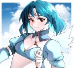  .hack// 1girl absurdres angel_wings bangs breasts cleavage cloud commission detached_collar eyebrows facial_mark forehead_mark highres kumaartsu looking_at_viewer medium_breasts medium_hair open_mouth puffy_short_sleeves puffy_sleeves short_sleeves sky solo subaru_(.hack//) upper_body wings 