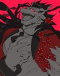  4:5 anthro biped black_hair blush bodily_fluids claws clothed clothing dragon finger_claws fuxi_(tas) gomtang hair horn insane male necktie open_mouth open_smile poker_chip red_background red_eyes saliva saliva_string sharp_teeth simple_background smile solo suit teeth tokyo_afterschool_summoners video_games 