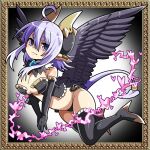  1:1 2014 2015 alternate_version_at_source black_wings clothing cute_fangs feathered_wings feathers female gradient_background hair horn humanoid mofuaki pattern_background purple_eyes purple_hair simple_background solo winged_humanoid wings 