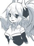  2013 blush clothing feathered_wings feathers female horn humanoid looking_at_viewer mofuaki monochrome not_furry simple_background smile solo white_background winged_humanoid wings 