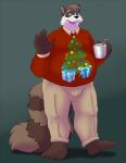  2017 anthro bottomwear bravo brown_body brown_fur christmas christmas_tree clothing cup fur hi_res holidays humanoid_hands male mammal overweight overweight_male pants plant procyonid raccoon simple_background solo sweater topwear tree white_body white_fur 