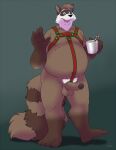  2017 anthro balls belly bravo brown_body brown_fur cup erection fur genitals harness hi_res male mammal moobs overweight overweight_male penis procyonid raccoon simple_background solo white_body white_fur 