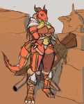  absurd_res anthro armor big_breasts bikini_armor breasts clothing deegan_drake doghotline fantasy female fur_collar hi_res horn kobold legwear red_body scalie shaded simple_background simple_shading solo stockings tail_bag wide_hips 