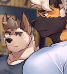  2021 african_wild_dog anthro blurred_background bodily_fluids canid canine canis clothed clothing duo fur hair hi_res looking_at_another looking_at_muscles makowolf1 male mammal meme muscular muscular_anthro muscular_male pecs shirt sweat sweatdrop topwear wolf 