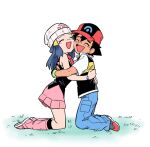  1boy 1girl ash_ketchum bangs baseball_cap beanie black_gloves black_legwear black_shirt blue_hair blue_pants boots bracelet dawn_(pokemon) dododo_dadada from_side gloves grass hair_ornament hairclip hat hug jacket jewelry kneeling long_hair open_mouth pants pink_skirt pokemon pokemon_(anime) pokemon_dppt_(anime) raised_eyebrows red_headwear shirt shoes short_sleeves skirt sleeveless sleeveless_shirt smile socks symbol_commentary tearing_up tongue white_background white_headwear |d 