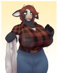 anthro belt big_breasts bodily_fluids bottomwear bovid bovine breasts brown_hair cattle clothed clothing denim denim_clothing female flannel fully_clothed green_eyes hair hi_res horn huge_breasts jeans lactating lactating_through_clothing mammal milk open_mouth pants roflcoptr solo standing towel wet wet_clothing 