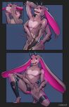  anthro comic female gender_transformation genitals glowing handles handles_on_hips hi_res horn lagomorph leporid male mammal open_mouth pussy rabbit rainset sequence simple_background solo spread_legs spreading transformation 