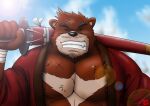  2021 anthro black_nose blusterbear brown_body brown_fur eyes_closed fur humanoid_hands kemono kumatetsu male mammal musclegut outside solo the_boy_and_the_beast ursid weapon 