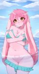  anthro atticus_mura bikini blush clothing female fredek666 fur genitals hair hi_res lagomorph leporid mammal partially_submerged pink_body pink_fur pink_hair pussy rabbit solo swimwear swimwear_down wardrobe_malfunction water womb_tattoo 