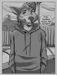  2021 absurd_res anthro biped canid canine clothed clothing detailed_background dialogue digital_media_(artwork) dithering english_text half-length_portrait hands_in_pockets hi_res hoodie male mammal monochrome open_mouth outside pockets portrait savaj_bunny sky solo standing talking_to_viewer text tongue topwear 