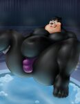  2021 absurd_res anthro balls_outline belly black_body black_fur black_nose bulge clothing disney felid feline fur genital_outline goof_troop hi_res male mammal maxbear moobs navel night outside overweight overweight_anthro overweight_male penis_outline peter_pete_sr. solo speedo swimwear water 