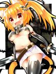  2014 3:4 animal_humanoid blush breasts cat_humanoid cute_fangs felid felid_humanoid feline feline_humanoid female humanoid mammal mammal_humanoid melee_weapon mofuaki open_mouth pattern_background simple_background smile solo sword under_boob weapon 