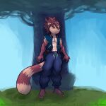  1:1 4_toes 5_fingers abs ambiguous_gender anthro bottomwear canid canine clothed clothing feet fingers hi_res jacket mammal muscular nails open_clothing open_shirt open_topwear pants plant plantigrade public raccoon_dog shirt short_sleeves sky smudge_proof solo tanuki toes topwear tree 