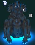  2021 absurd_res black_body black_fur blue_eyes canid canine canis cerberus cev claws digital_drawing_(artwork) digital_media_(artwork) domestic_dog european_mythology fangs female feral fur glowing glowing_claws greek_mythology growling hi_res mammal multi_head mythology serious sitting snarling solo 