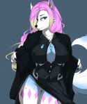  absurd_res anthro arctic_fox blonde_hair blue_body blue_fur breasts canid canine clothing crystal female fox fur hair hi_res jacket jewelry mammal necklace panties pink_hair sad_black_(artist) sanuru_light_(character) side_boob topwear underwear white_body white_fur 