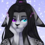  1:1 agust anthro black_hair black_nose blue_eyes claws domestic_cat ears_down eyebrows felid feline felis female hair headshot_portrait heterochromia hi_res long_ears long_hair looking_at_viewer mammal pink_claws pivoted_ears ponytail portrait purple_eyes simple_background smile solo solo_focus spots spotted_body star 