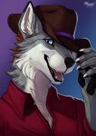  anthro blue_eyes canid canine canis clothed clothing cowboy cowboy_hat hair hat headgear headwear hi_res looking_at_viewer maaia male mammal simple_background smile wolf 