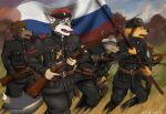  absurd_res anthro bird_dog black_clothing black_jacket black_topwear brown_bear canid canine canis clothing domestic_dog flag golden_retriever grizzly_bear group gun hat headgear headwear hi_res hunting_dog jacket krahs_tsai male mammal military_cap military_uniform ranged_weapon retriever rifle russia russian shiba_inu soldier spitz topwear uniform ursid ursine warrior weapon wolf 