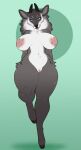  anthro big_breasts biped bovid breasts caprine curvy_figure female fur genitals goat green_eyes hi_res horn huge_breasts looking_at_viewer mammal neck_tuft nipples nude pinup pose pussy serow simple_background solo thick_thighs tuft vivyx voluptuous wide_hips 