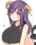  2017 blush breasts female hair horn horned_humanoid humanoid looking_at_viewer mofuaki purple_eyes purple_hair simple_background solo under_boob white_background 