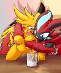  5:6 alternate_color anthro azuraracon bodily_fluids breast_fondling breast_milking breast_play breasts crossgender cup duo female filling_beverage fondling hand_on_breast hands_behind_back hi_res lactating legendary_pok&eacute;mon male male/female nintendo pikachu pok&eacute;mon pok&eacute;mon_(species) pregnant rax_(azuraracon) video_games zeraora 
