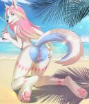  anthro arctic_fox beach blonde_hair blue_body blue_eyes blue_fur breasts butt canid canine clawiope_(artist) female fox fur genitals hair hand_on_butt hi_res inner_ear_fluff kneeling mammal nipples nude pink_hair pussy sand sanuru_light_(character) sea seaside sky solo tongue tuft water wet white_body white_fur 