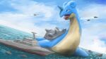  2020 aircraft airplane ambiguous_gender battle battleship blue_body blue_skin boats cloud detailed_background feral group human jet lapras looking_down macro mammal micro military nintendo open_mouth pok&eacute;mon pok&eacute;mon_(species) sea shell ship tan_body tan_skin tyranteon vehicle video_games warship water watercraft 