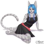  1:1 agust anthro belt black_clothing black_dress black_nose blue_hair brown_eyes claws clothing domestic_cat dress eye_through_hair eyebrow_through_hair eyebrows feet felid feline felis female glistening glistening_hair glistening_pawpads gradient_hair grey_body grey_claws grey_pawpads hair hi_res long_hair looking_at_viewer mammal multicolored_body pawpads paws red_clothing simple_background solo solo_focus striped_tail stripes stripes_(marking) translucent translucent_hair two_tone_body white_background 