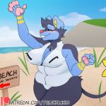  1:1 absurd_res beach big_breasts blue_body blue_fur blue_hair blush breasts cleavage clothed clothing curvy_figure detailed_background english_text eyes_closed female fur hair hi_res huge_breasts invalid_tag luxio nintendo outside overweight overweight_female pok&eacute;mon pok&eacute;mon_(species) pok&eacute;morph princeluxio pup_(princeluxio) red_nose sea seaside sky slightly_chubby smile solo standing_position swimwear text tight_clothing unzipped video_games voluptuous water zipper 
