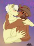  3:4 anthro bird_dog blonde_hair blue_eyes blush brown_body brown_fur brown_hair bubble canid canine canis chest_tuft chin_tuft clothing cowboy cowboy_hat digital_drawing_(artwork) digital_media_(artwork) domestic_dog drunk drunk_bubble duo eye_contact eyebrows facial_hair facial_tuft fur golden_retriever gradient great_dane green_eyes hair hand_on_back hand_on_neck hat headgear headwear hi_res hunting_dog kissing looking_at_another male male/male mammal mastiff mature_male mixed_breed molosser muscular nude retriever romantic romantic_ambiance shirtless sideburns size_difference stanley_(zer0rebel4) substance_intoxication thick_eyebrows thomas_ii_(zer0rebel4) tuft were werecanid werecanine werewolf wolf yellow_body yellow_fur yellow_sclera zer0rebel4 
